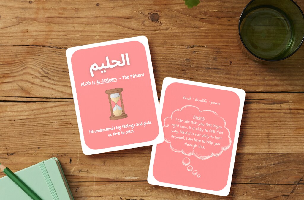 Sakina Cards: Al-Haleem (The Patient) Name of Allah card with hourglass and a parent affirmation card on a wooden table