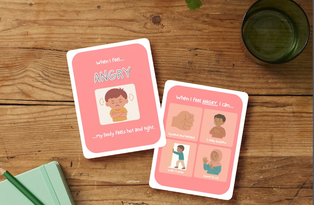 Sakina Cards emotion card set: When I feel angry card and When I feel angry, I can coping strategies card for kids